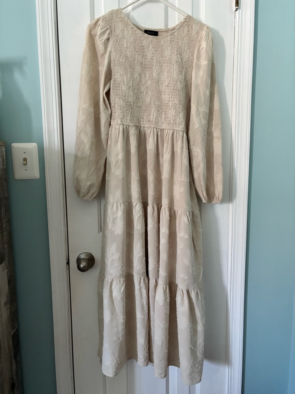 Women's Cream Long Sleeve Tiered Midi Dress